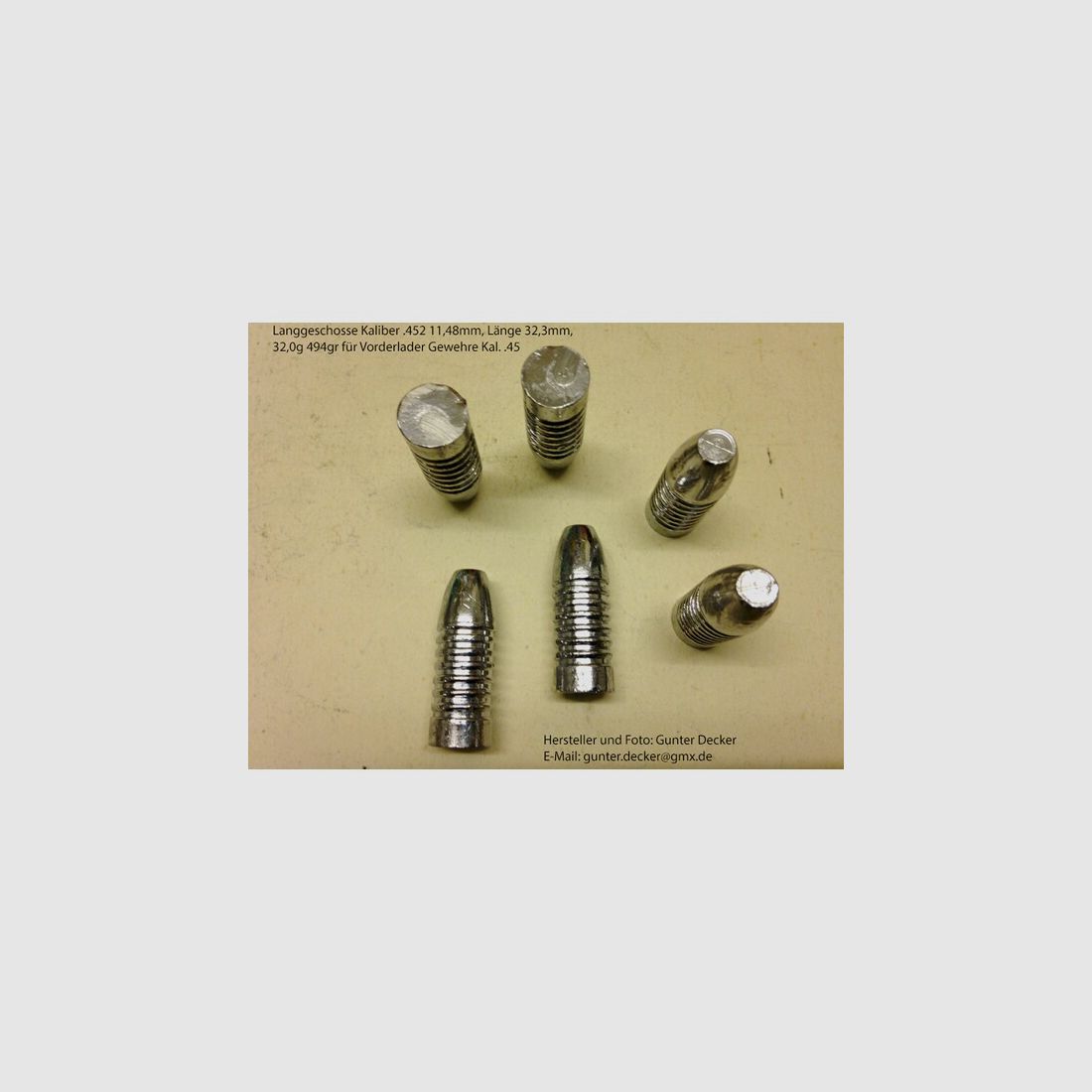 Langgeschosse Kaliber .452 11,48mm Länge 32,3mm 32,0g 494gr 7 Fettrillen für Vorderlader Gewehre .45