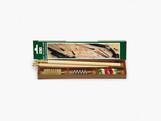 KIT PULIZIA FUCILE IN SCAT. DI CART. LUC. C/BACCHET. LEGNO VERNIC. A 3 PEZZI, DIAM. 13 MM, SCOVOLI LANA, SETOLA E ACCIAIO A ELICA