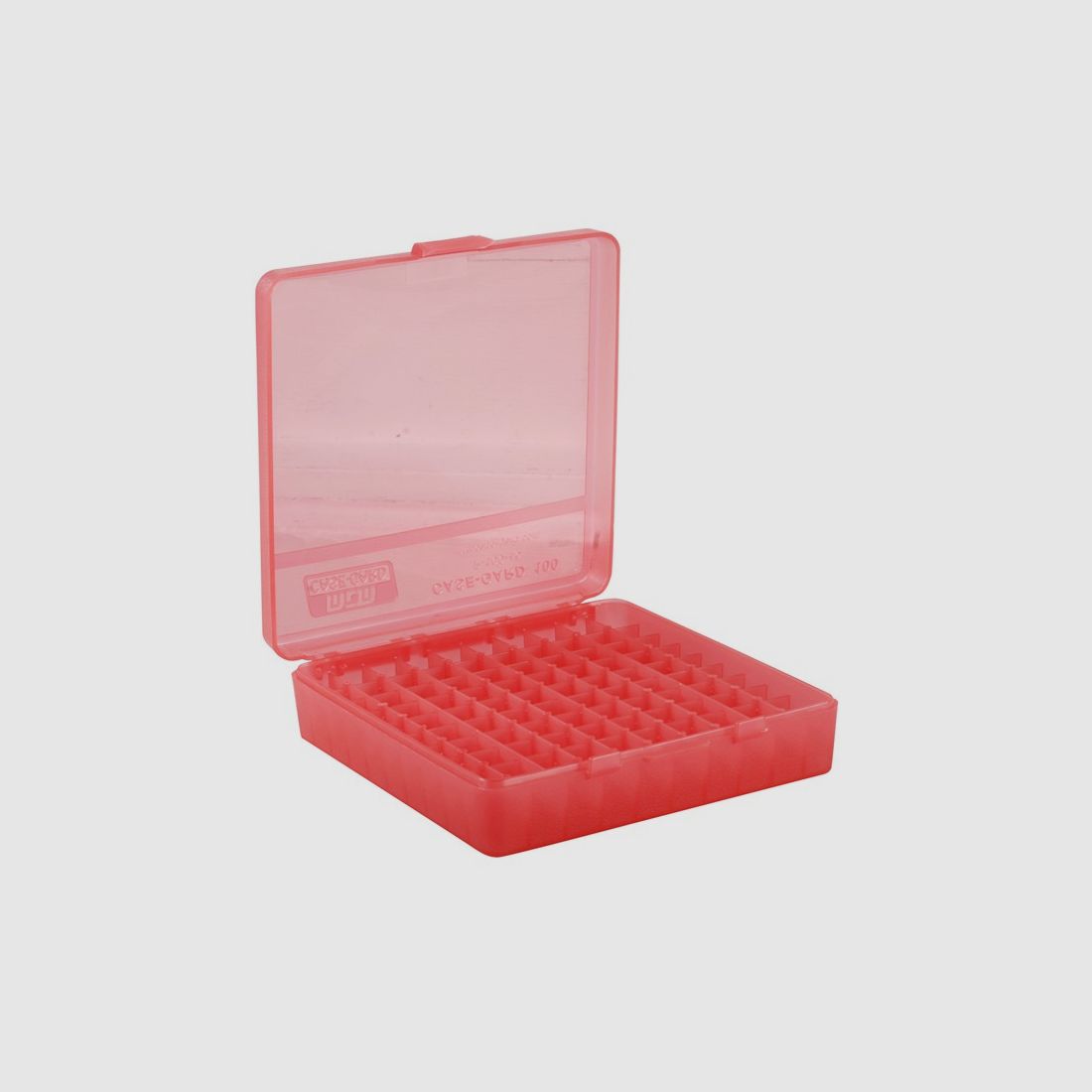 MTM scatola per cartucce P-100-45-29 rossa trasparente con coperchio a ribalta per 100 cartucce .45 ACP e altre.