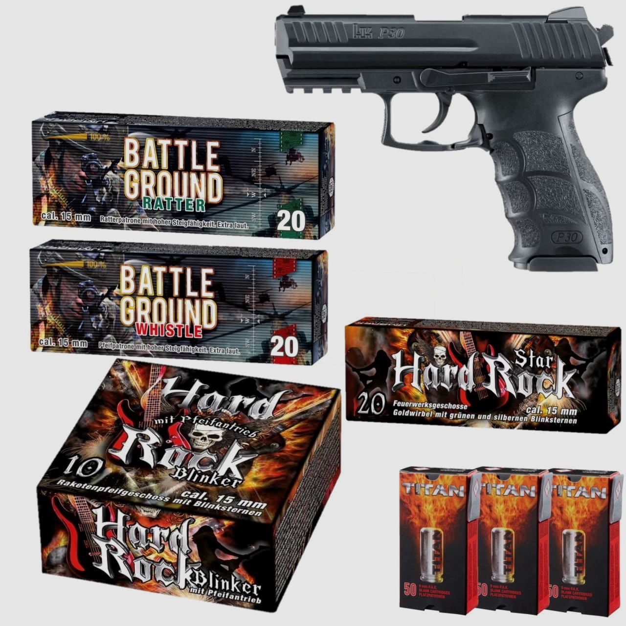 Silvester Set Heckler & Koch P30 Schreckschuss Pistole 9 mm P.A.K. schwarz