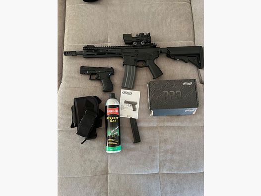 Airsoft Softair set G&G Cm16 Raider grendelgeweer incl. red dot Walther PPQ GBB pistool