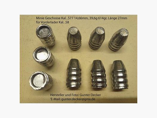 Minie Geschosse Kaliber .577 14,66mm 39,6g 614gr Länge 27mm für Vorderlader Gewehre Kal. .58