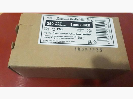 S&B Schüttepackung de 250 pièces FMJ 9mm Luger, 124 grs. 8 gr