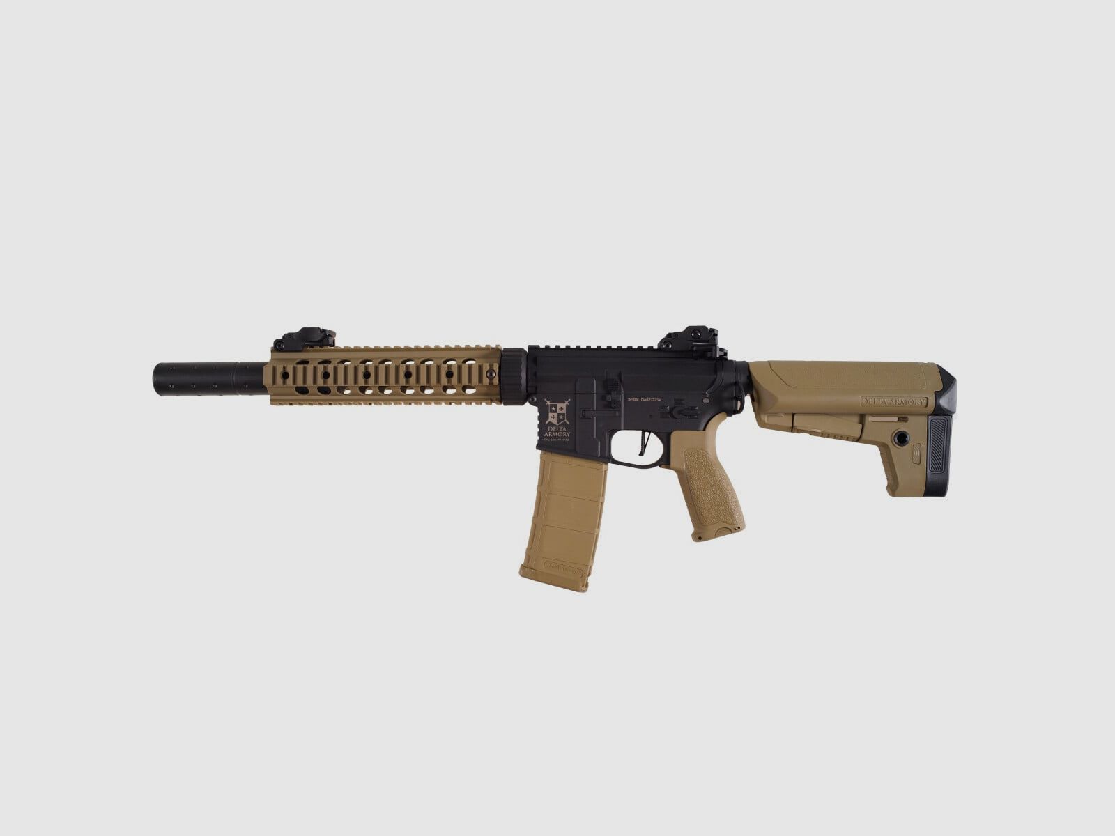 AR15 SilentOps 9 Inch CHARLIE Tan/Black S-AEG Airsoft Rifle Free from 18 Years | Delta Armory
