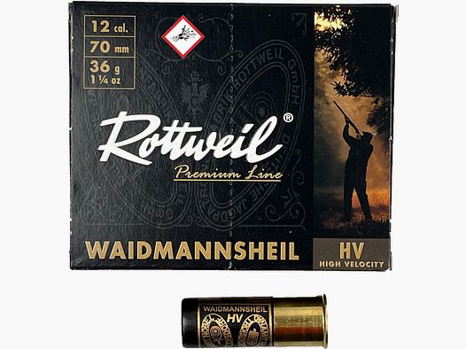 Rottweil shotgun cartridge Waidmannsheil HV cal. 12/70 36G 3.0mm