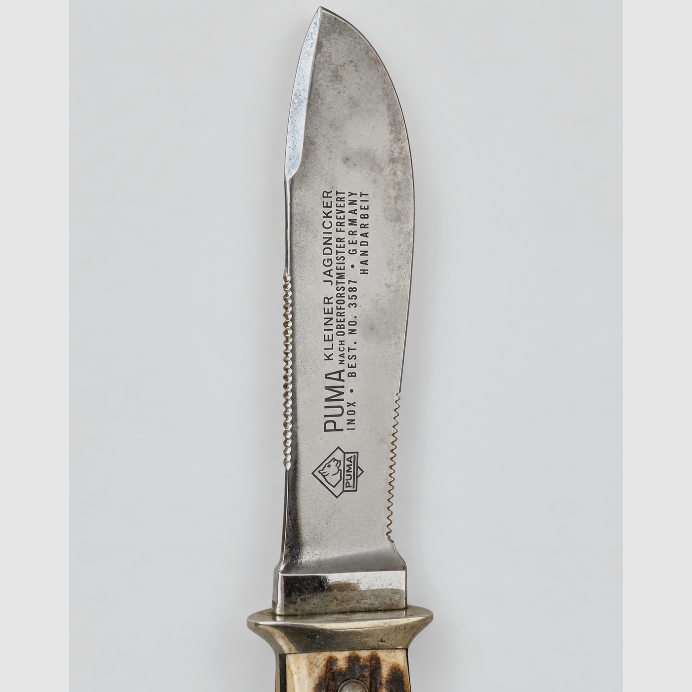 Original PUMA Waidbesteck nach Frevert 3588/3587 – Waidblatt + Jagdnicker + Lederscheide, Bild 4 von 4