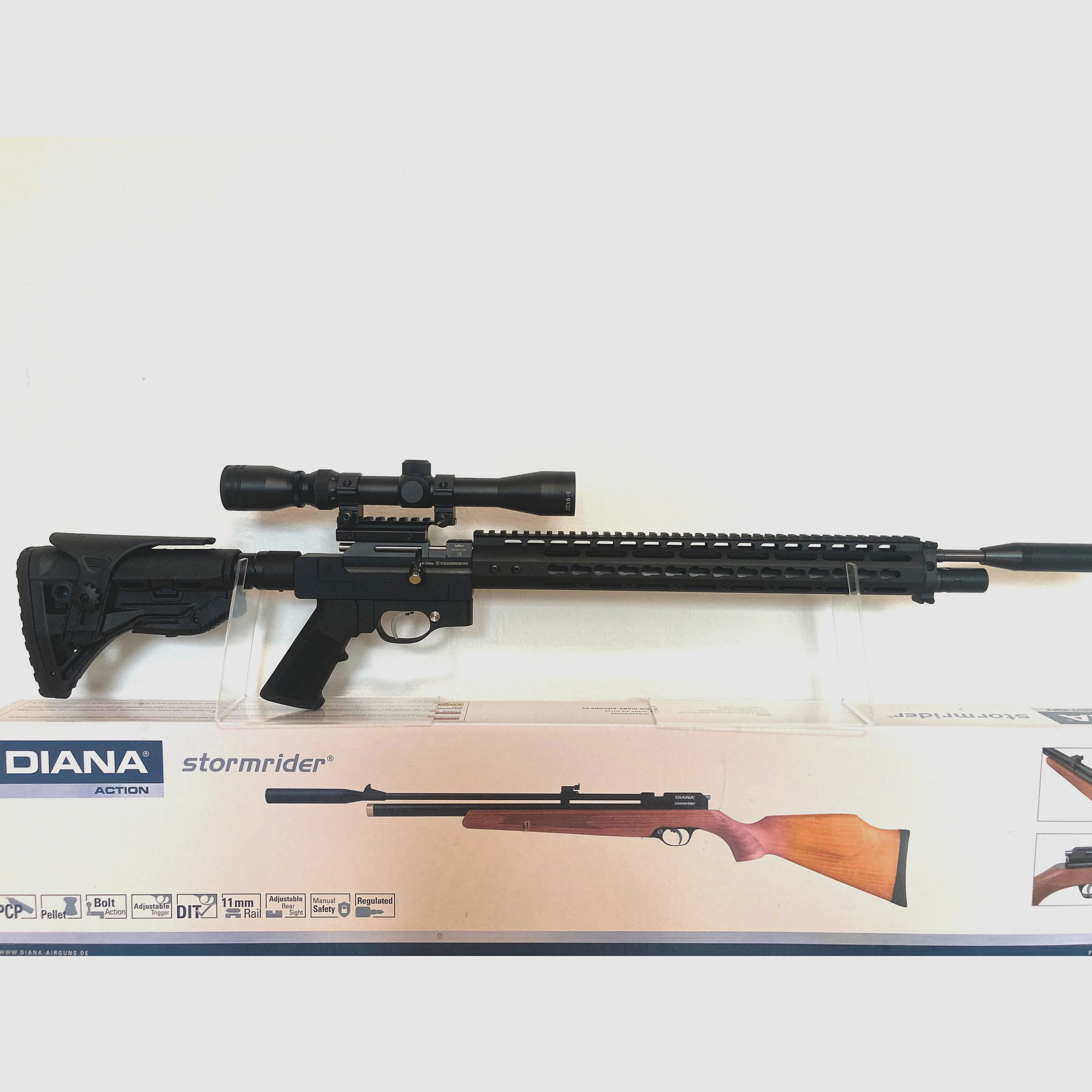 Carabine à air Diana Stormrider avec système de crosse aluminium AR15-Tactical et lunette 3-9x32, F libre dès 18 ans avec kit export 35J