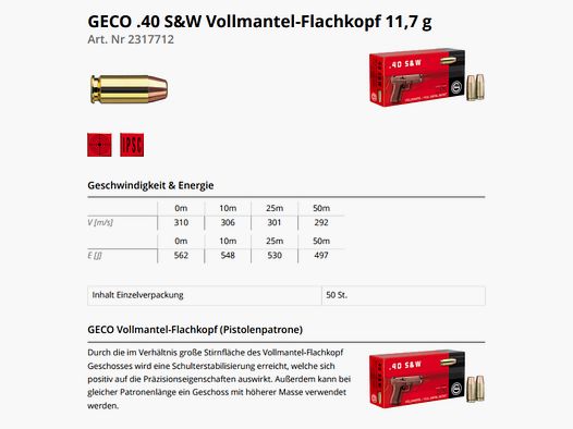 GECO Pistolenmunition .40S&W VMF 180grs/11,7g 50 Stk  180grs/11,7g