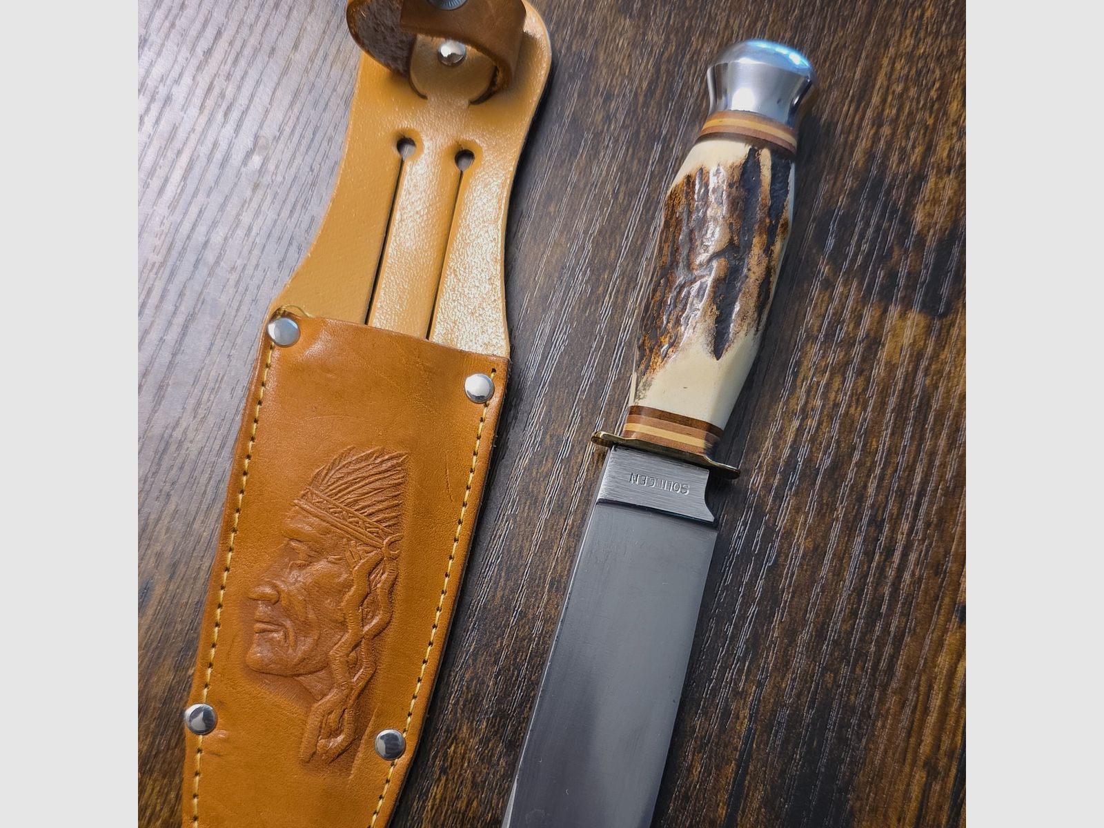 Cuchillo de caza Solingen con mango de asta de ciervo acero inoxidable Drop-Point 10,1–13 cm + funda