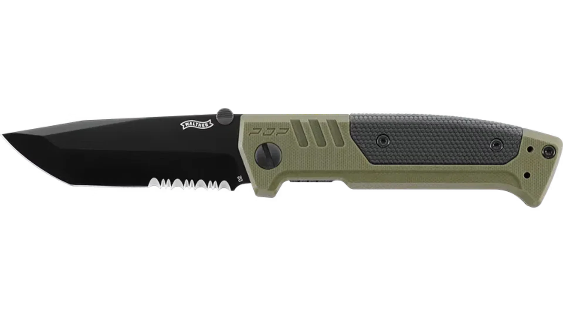 Walther Klappmesser PDP Tanto Folder Serrated OD Green , Klinge aus D2 Stahl mit Wellenschliff