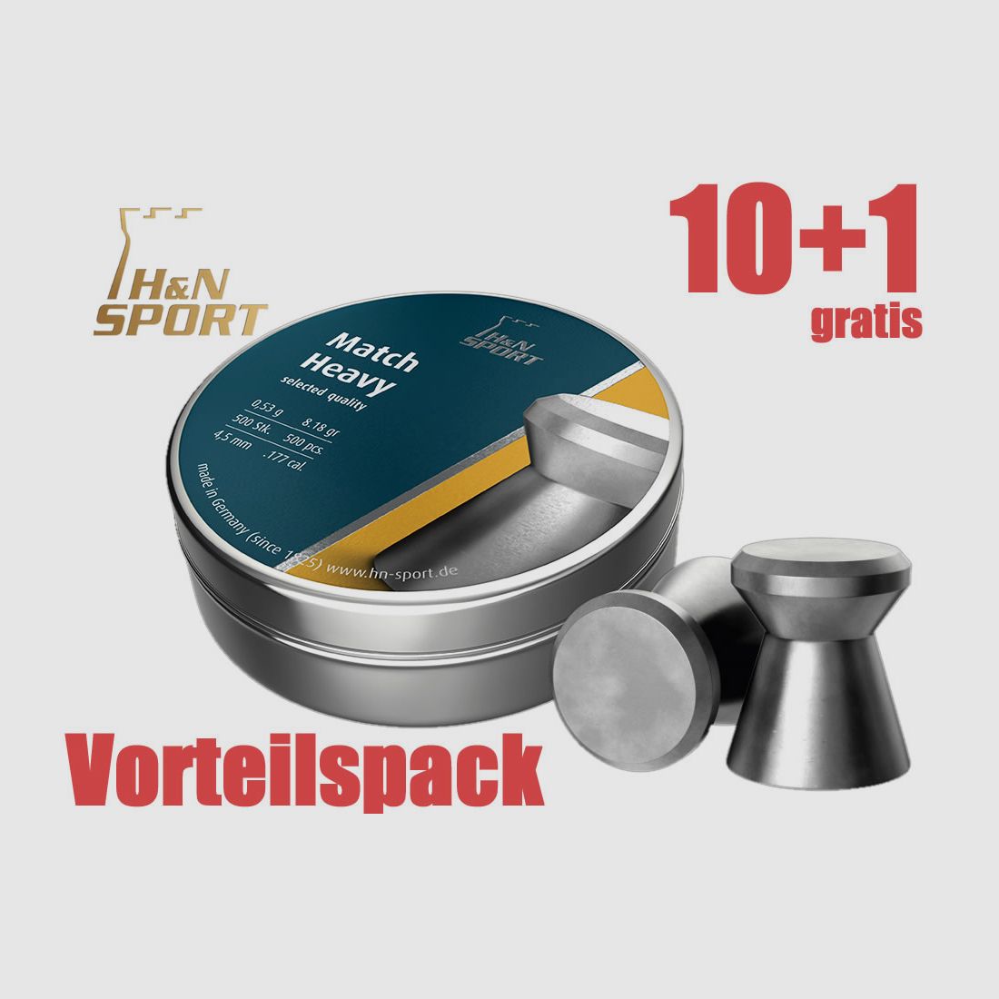 10+1 GRATIS x 500 StĂĽck H N Flachkopf Diabolo MATCH HEAVY, glatt, Kaliber 4,49 mm, 0,53 g