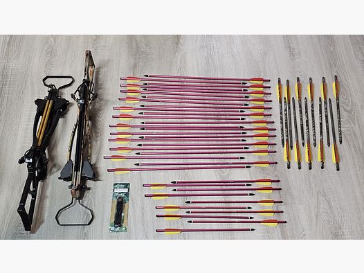 Set d'arbalète recurve double : 2x Skeleton Hunter 120 lbs (Camo & Noir) pliable, 45 carreaux, corde de rechange