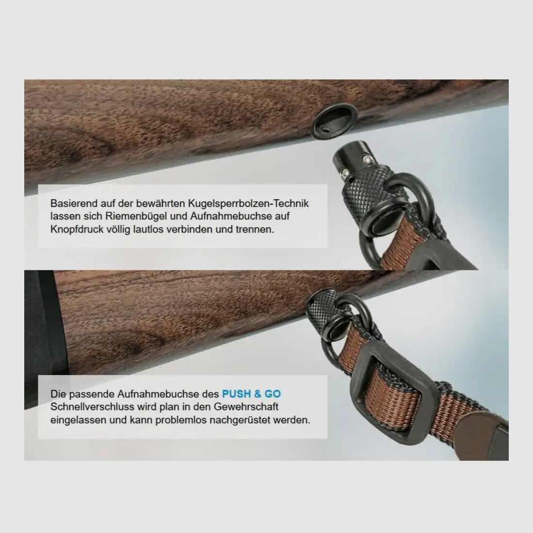 Soporte de correa Halder y casquillo "Push & Go" para mangos de madera