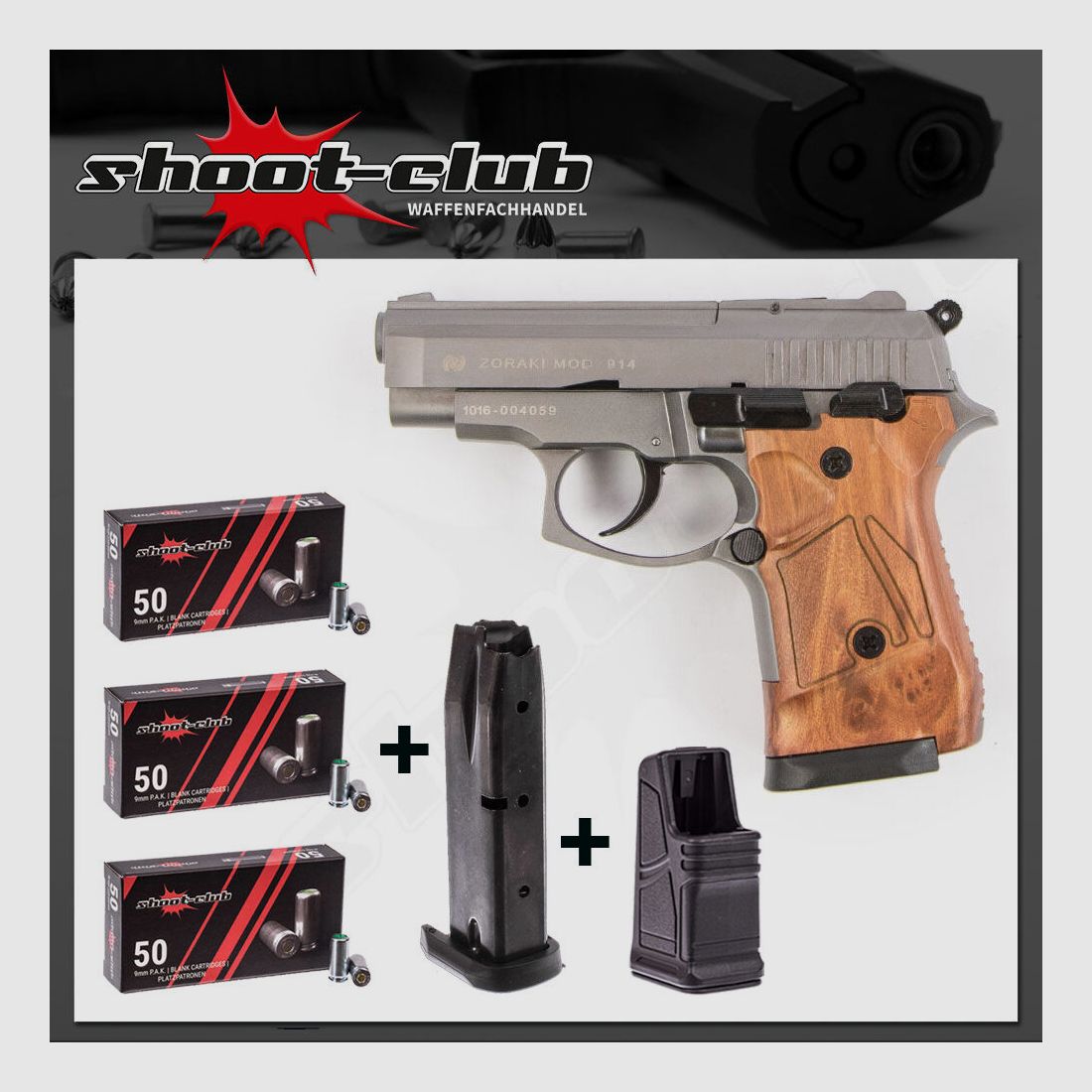 Zoraki 914-P blank pistol Titan-wood 9mm PAK magazine set