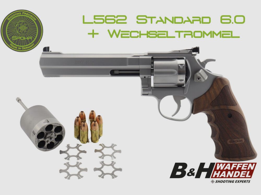 SPOHR L562 Standard 6.0 Stal nierdzewna 6" rewolwer z wymiennym bębnem 9mm Wyprodukowano w Niemczech