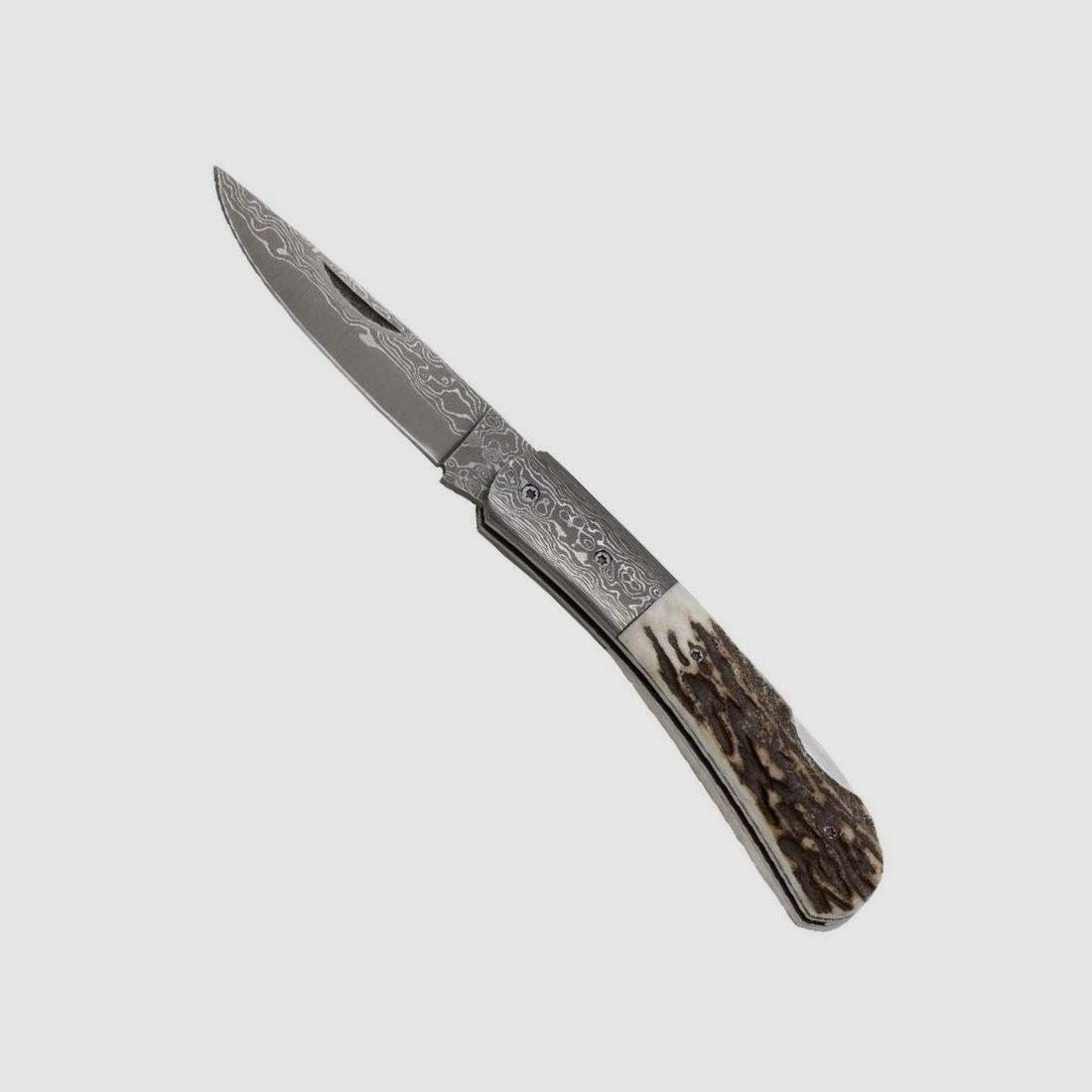 Damast-Taschenmesser mit Hirschhorngriff Zweihandmesser Holzbox