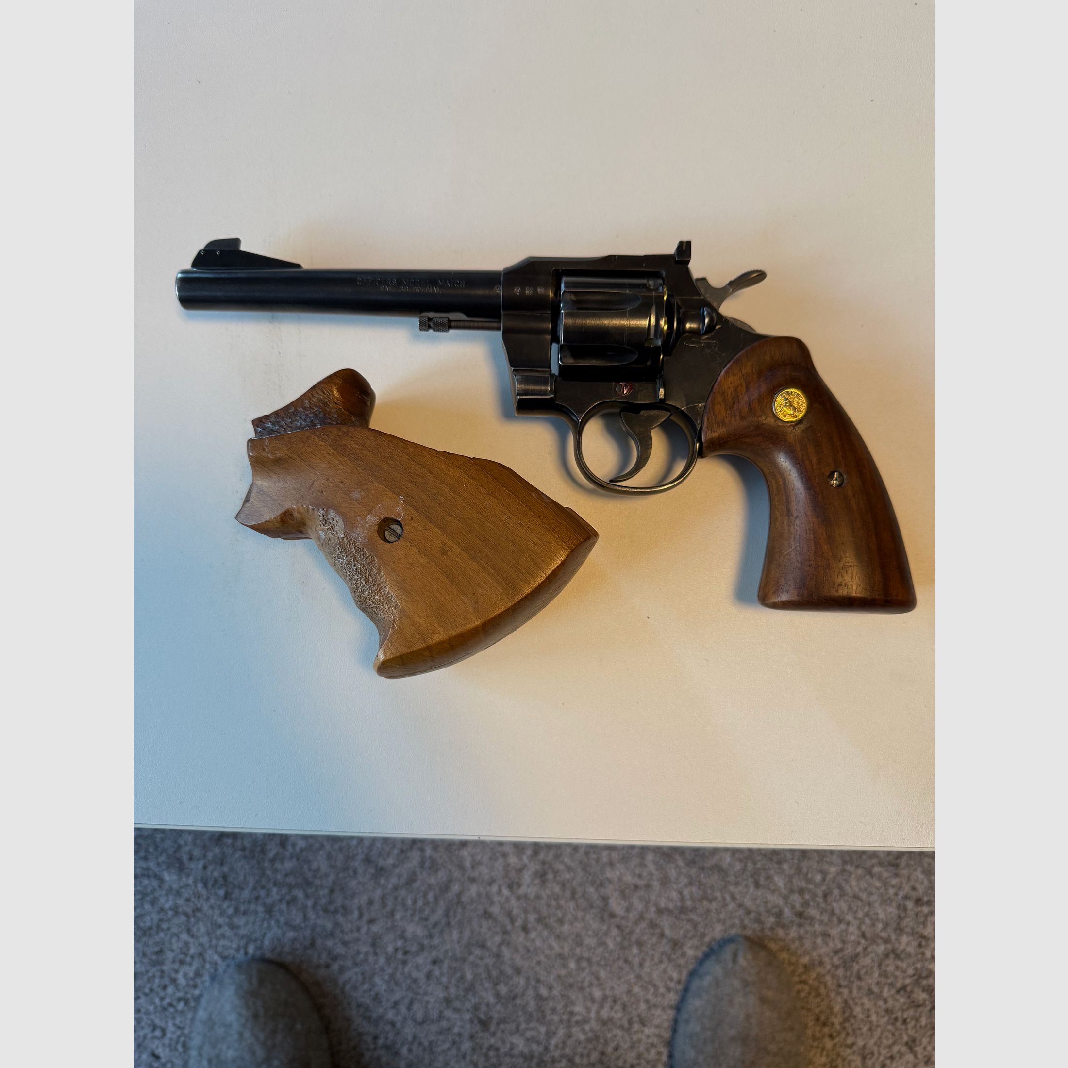 Colt Officer Model Match .38 Special 6 inch barrel cylinder capacity 6 cartridges a sport grip right wood