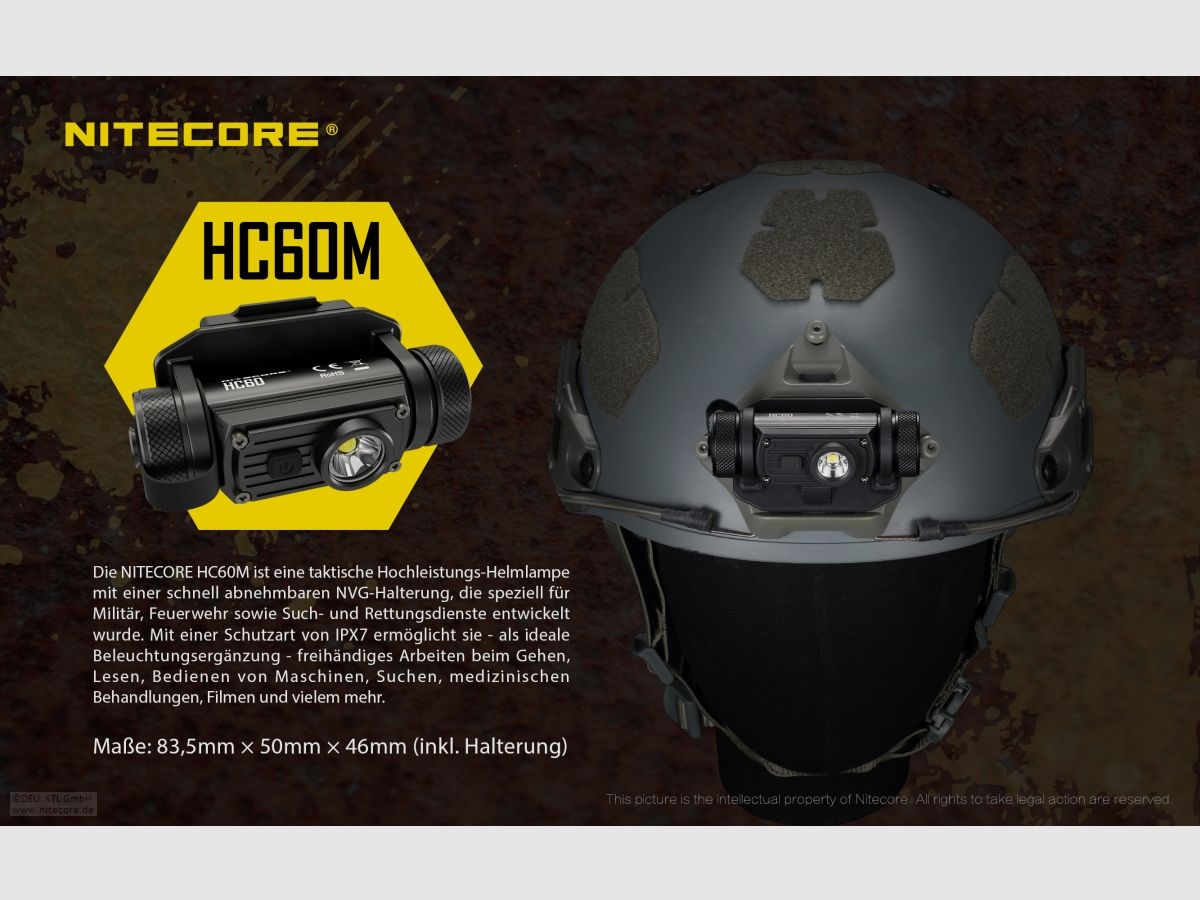 Nitecore HC60M headlamp HC60M 1000 lumens including battery and NVG mount