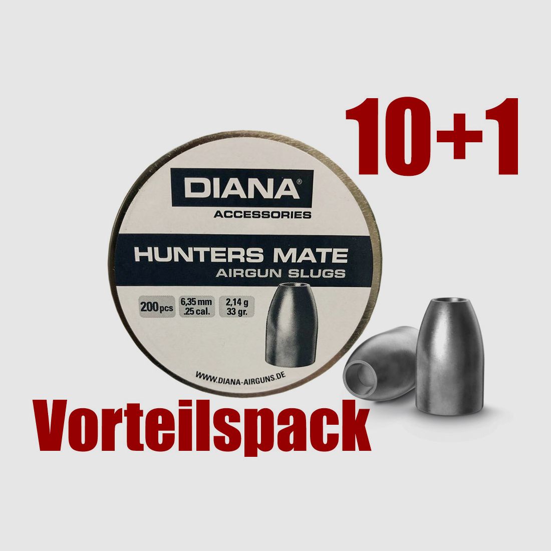 Vorteilspack 10+1 Hohlspitz Diabolos Diana Hunters Mate Airgun Slug Kaliber 6,35 mm 2,14 g glatt 11 x 200 StĂĽck