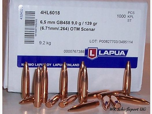 100St. LAPUA Geschosse 6,5mm(.264Dia.) - 139 - OTM-SCENAR - HPBT - #GB458