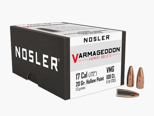 100 Stück NOSLER VARMAGEDDON Geschosse Cal 17 .172 .17 Hornet Remington 20gr HP Hohls #17205 Varmint