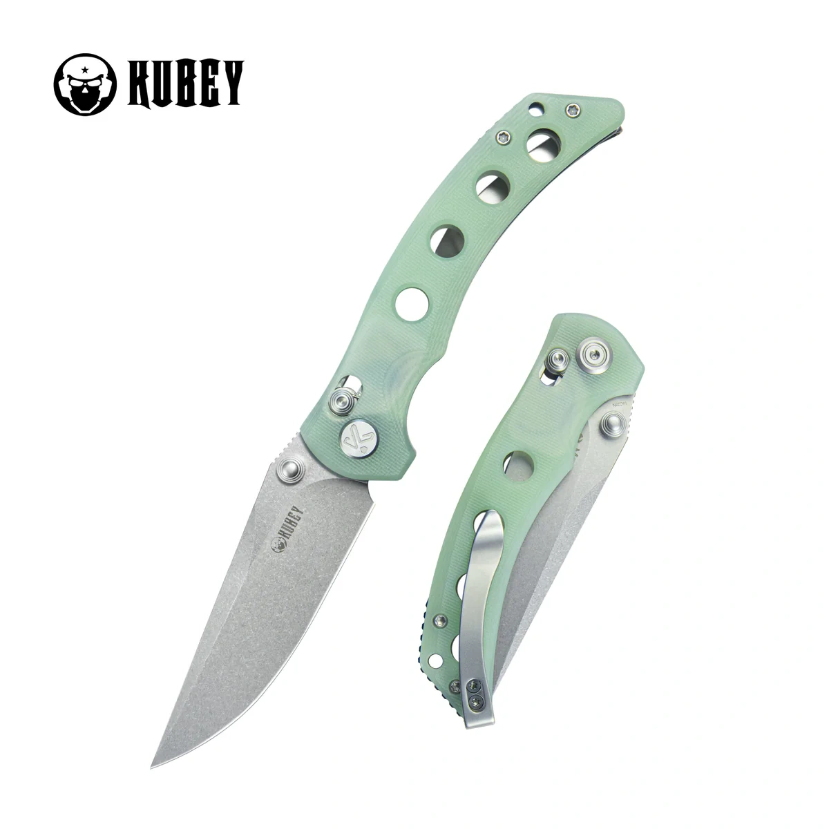 Kubey Hound Folding Knife Jade G10, Stonewashed 14C28N by Maksim Tkachuk (KU172G)