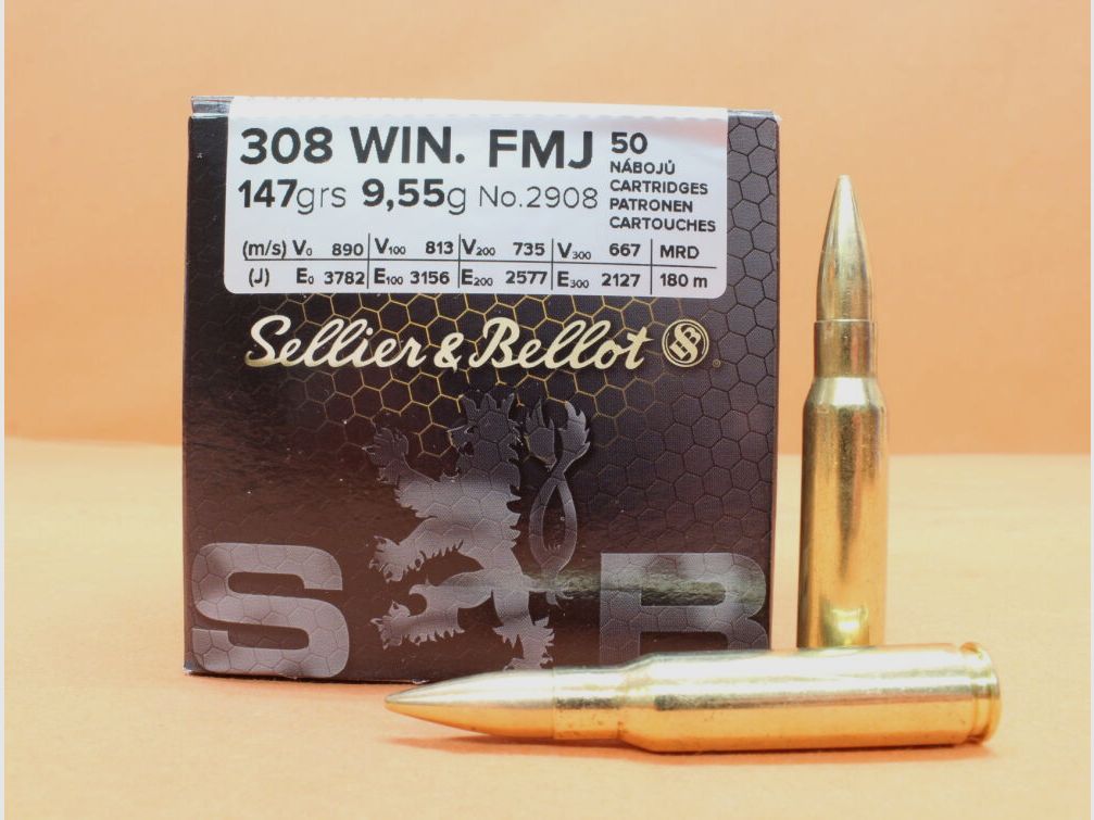 S&B Sellier & Bellot Patrone .308Win S&B/ Sellier&Bellot 147grs FMJ (2908/2) VE 50 Patronen/ 9,55g Vollmantel