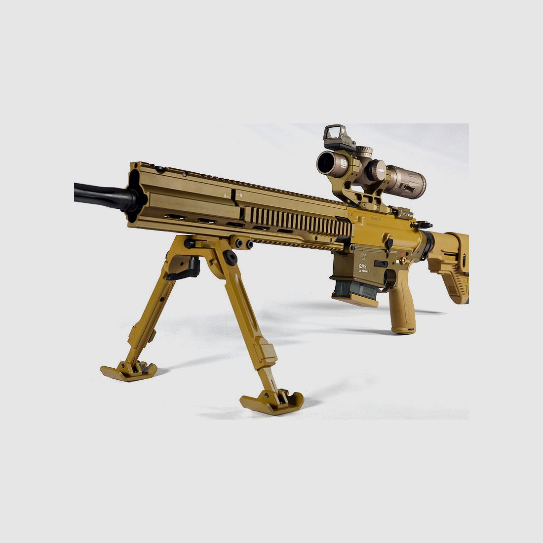 Set bipod FORTMEIER con adattatore Picatinny 6 ore, RAL8000 H184 (altezza da 18,4 a 23,5 cm)