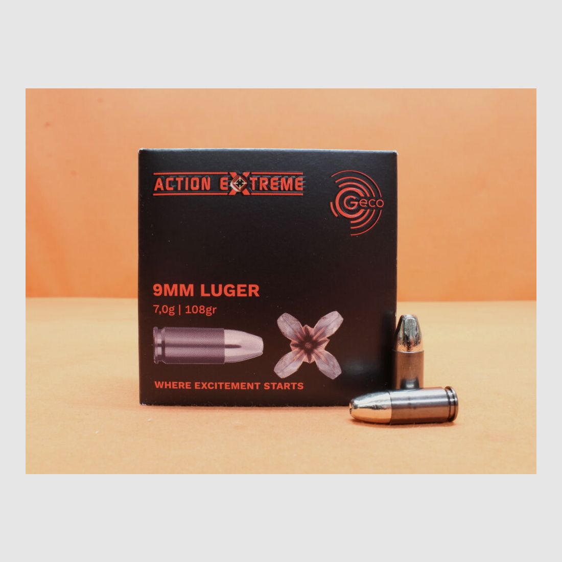 Patronne GECO 9mm Luger GECO 108grs Action EXTREME (2408123) VE 20 cartouches / 7,0g pleine cuivre ogive creuse