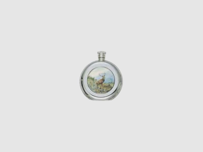 Fritzmann cognac bottle stainless steel bottle plain, round, with colored hunting motifs deer