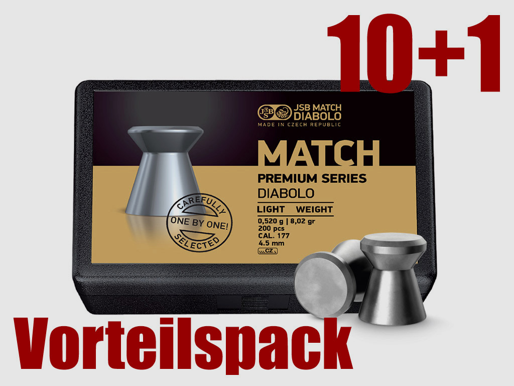 Vorteilspack 10+1 Flachkopf Diabolos JSB Match Premium Kaliber 4,5 mm 0,52 g glatt 11 x 200 StĂĽck