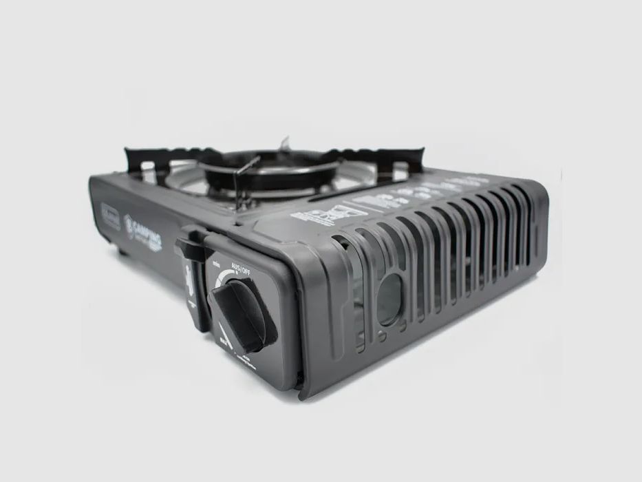 Gas stove / camping stove in carrying case with safety system - black