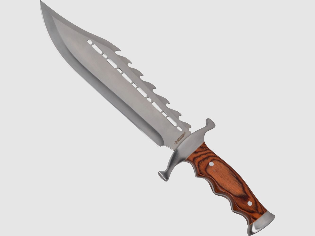 Bowiemesser mit aussergewöhnlicher Klinge und Pakkaholzgriff