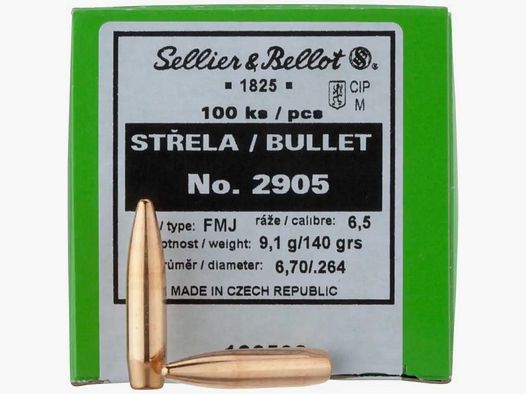 SELLIER & BELLOT CARTRIDGES .264 / 6.5MM - FMJ-BT - 9.1G / 140GRS - 100 PIECES