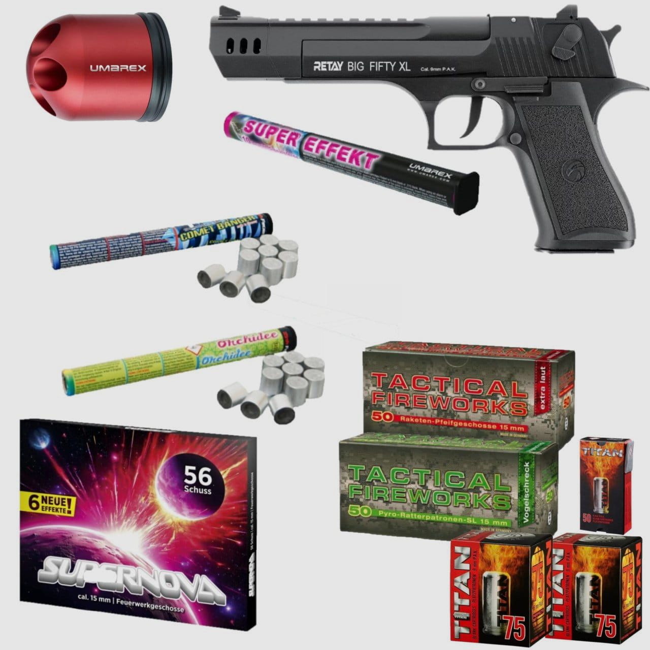 Pacchetto fuochi d'artificio di Capodanno Retay Big Fifty XL Pistola a salve 9 mm P.A.K...
