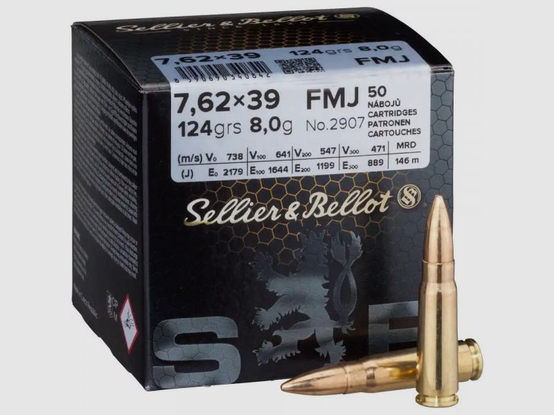 SELLIER & BELLOT RIFLE CARTRIDGES 7.62x39 FMJ - 123 GRS. - 50 ROUNDS BRASS
