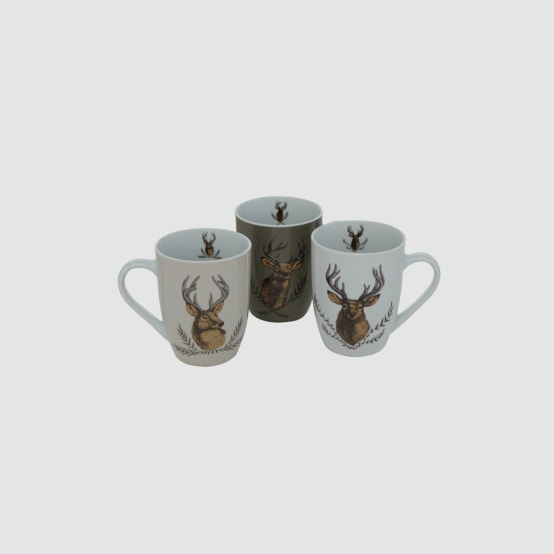 Lovergreen Kunst des Tisches Motiv Set mit 3 Porzellan-Tassen Hirschkopf