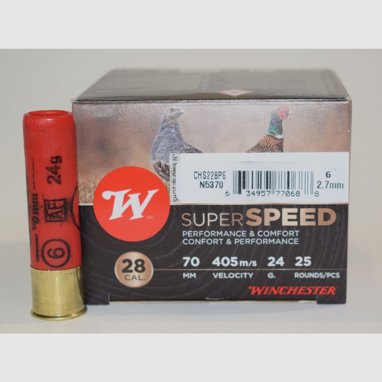 Box mit 25 Patronen Winchester Super Speed Kal. 28/70 Schrot 6