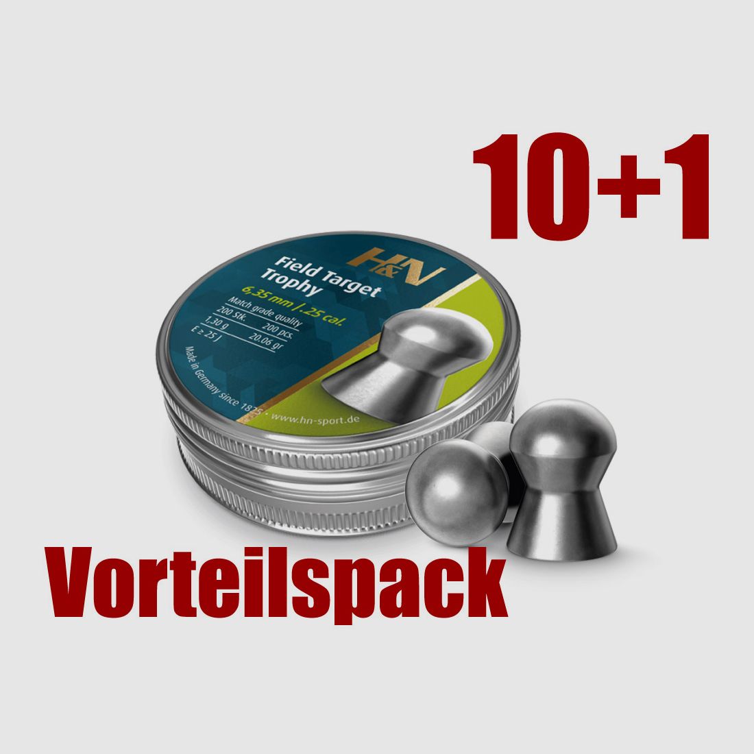 Vorteilspack 10+1 Rundkopf Diabolos H&N Field Target Trophy Kaliber 6,35 mm 1,3 g glatt 11 x 200 StĂĽck