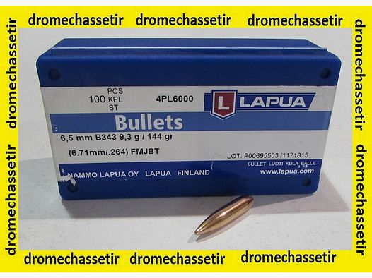 Boite de 100 Ogives Lapua cal 6,5 (0.264&Prime;), FMJBT 144 grains