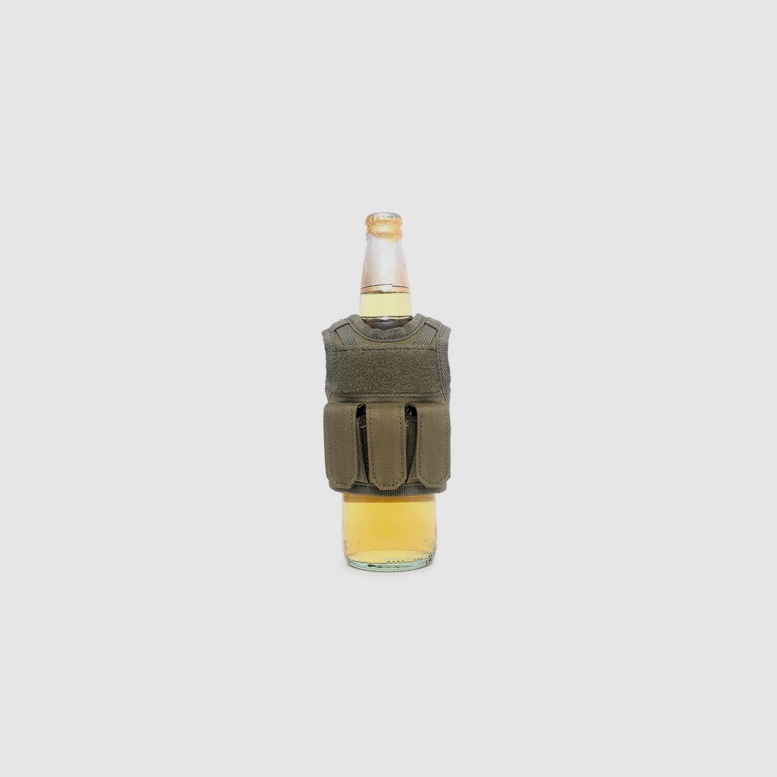 Mini Tactical Schutzweste mit Fronttaschen für Bierflasche / Wein / Thermosflasche - Oliv