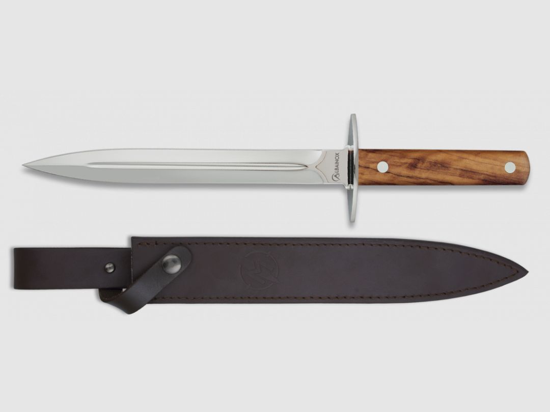 Daga de caza con mango fino de madera de olivo real y hoja de 28 cm