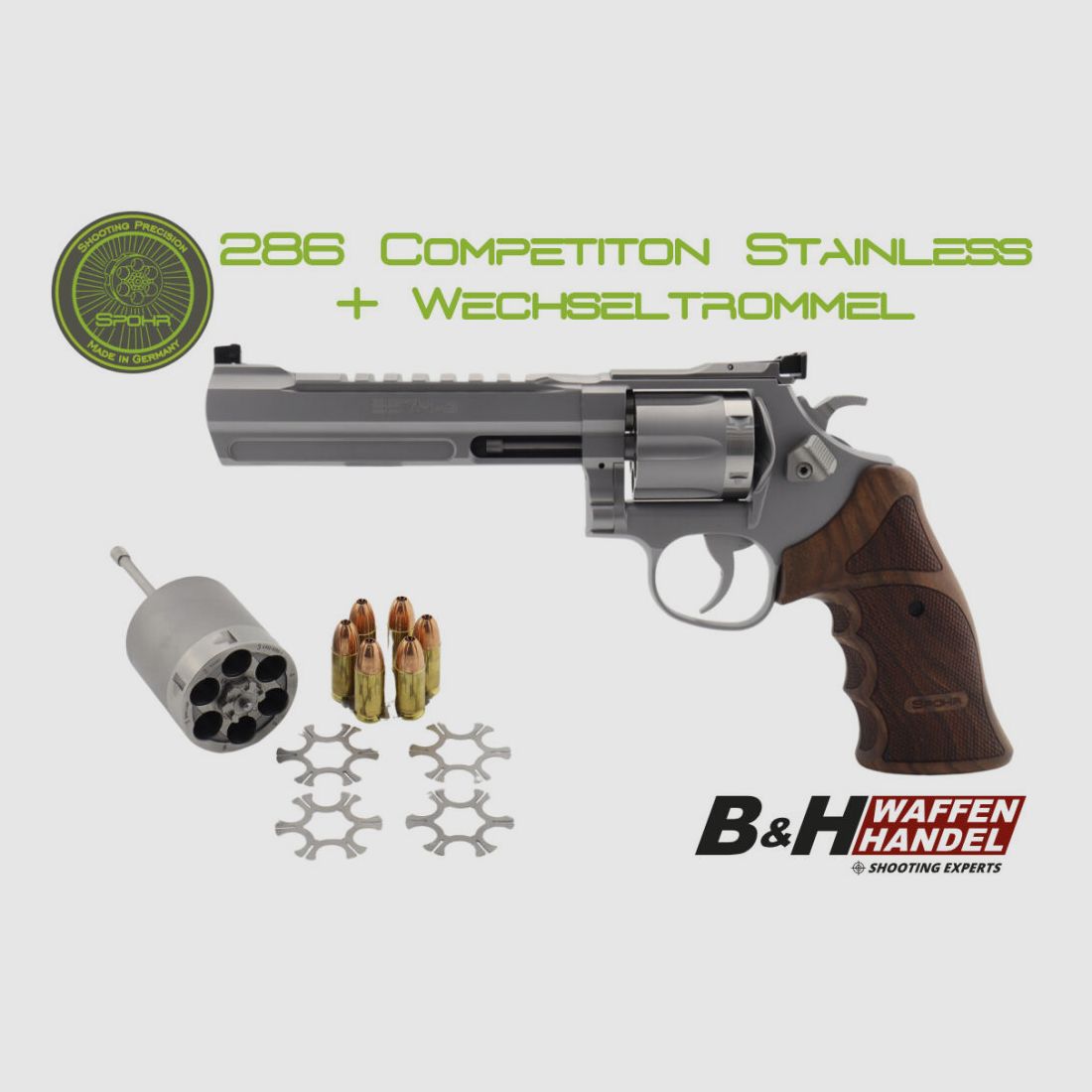 Rewolwer SPOHR 286 Competition Stainless 6" z wymiennym bębnem wyprodukowany w Niemczech 6-calowy rewolwer sportowy