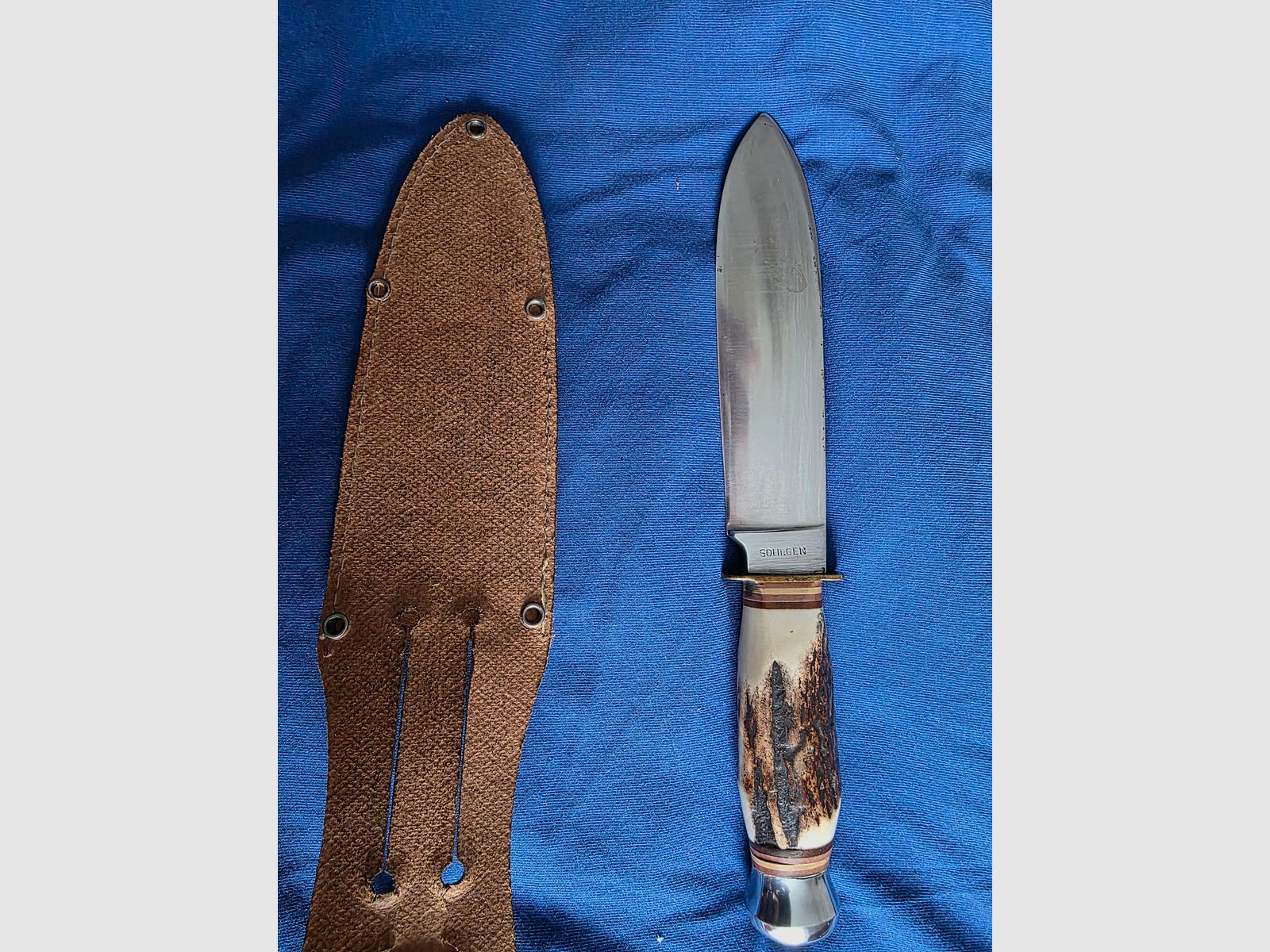 Solingen hunting knife stag horn handle stainless steel drop point 10.1–13 cm + sheath