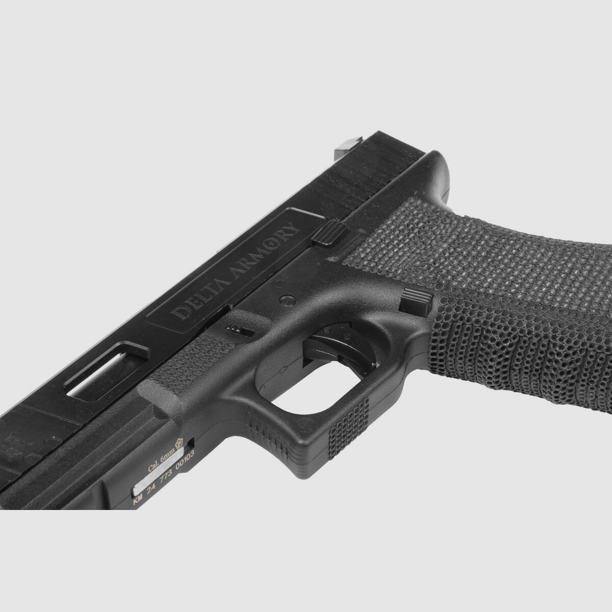 P02 GBB Airsoft Pistol with Grip Stippling in Black | Delta Armory
