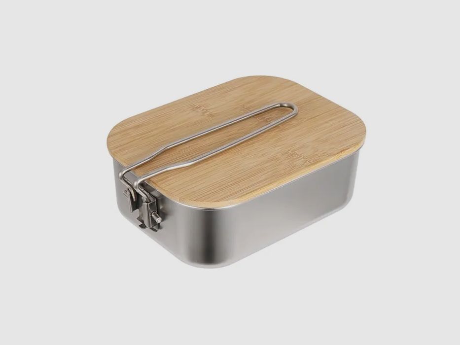Caja de almuerzo de acero inoxidable con tabla de cortar de madera de bambú