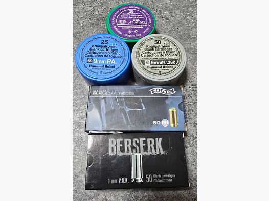 Blank cartridges 9mm PAK pepper 9mm RK .45 Short Walther Skullfire RWS Berserk