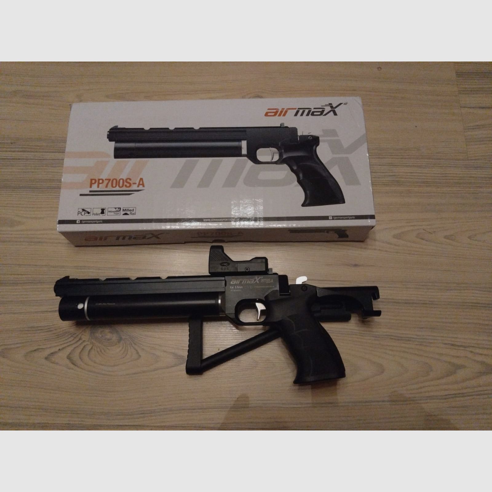 Pressluftpistole airmaX PP700S-A, Kaliber 5,5mm + Klappschaft + DOT