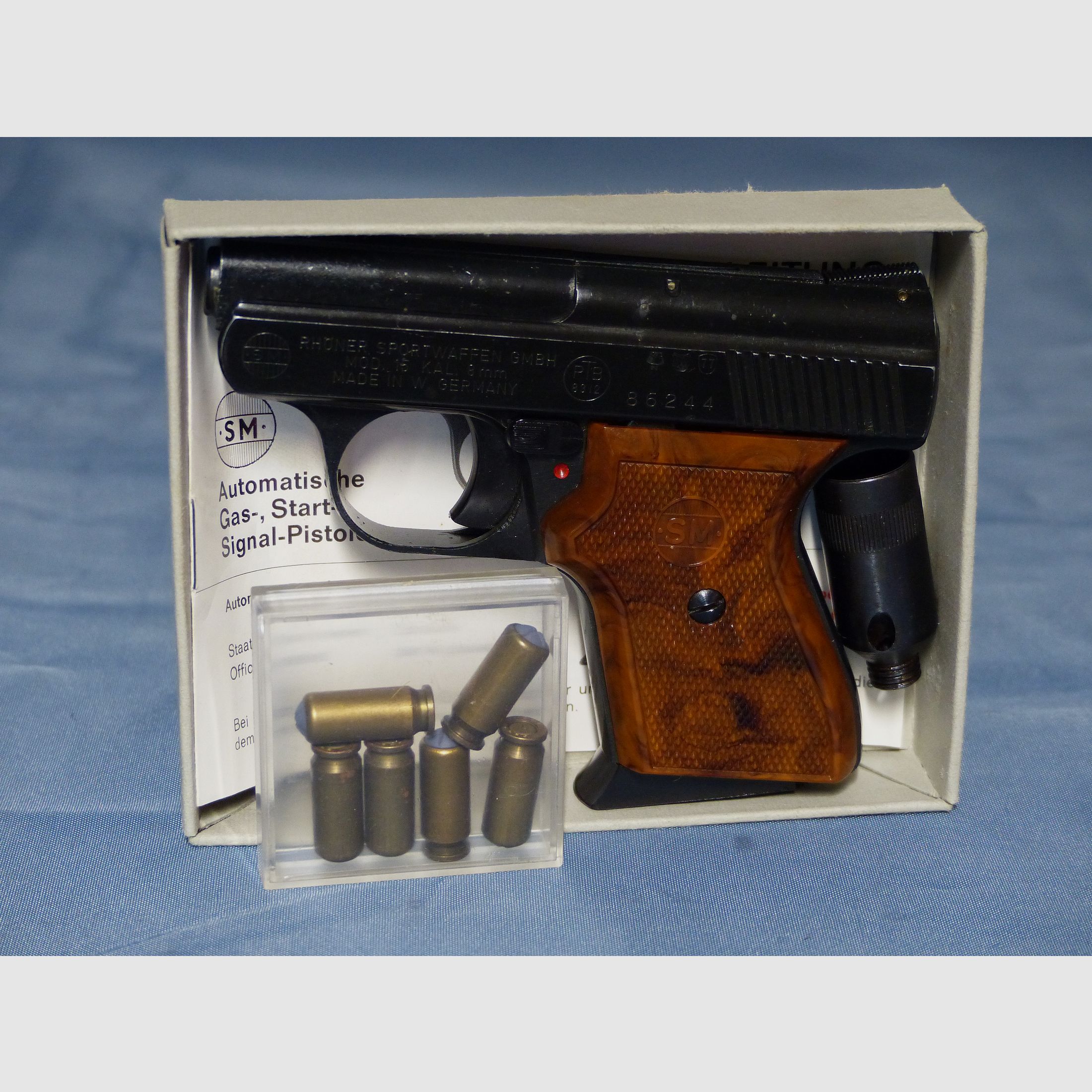 Schreckschuss Gas Pistole Rhöner SM Mod. 15 Cal. 8 mm Knall PTB 83 aus 1975 OVP vintage