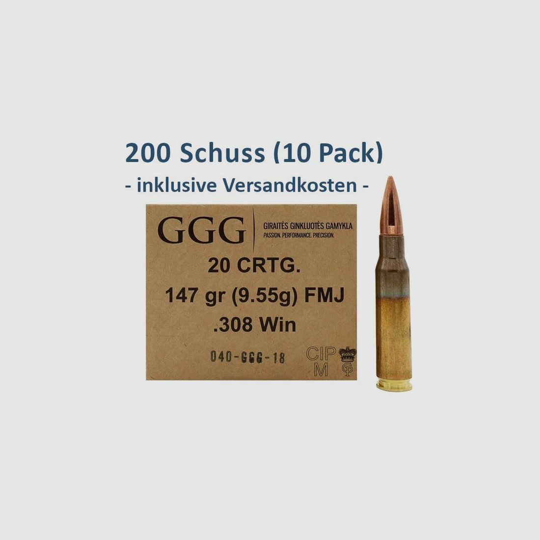 GGG .308 Win. GPX FMJ 147 grs 10 Packungen (200 Schuss)